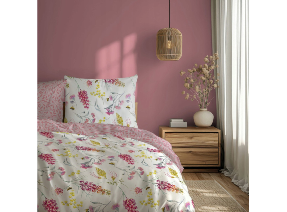 Saténové povlečení MILAGRO VERDE Květy a včelky - bílé/růžové - 140x200 cm