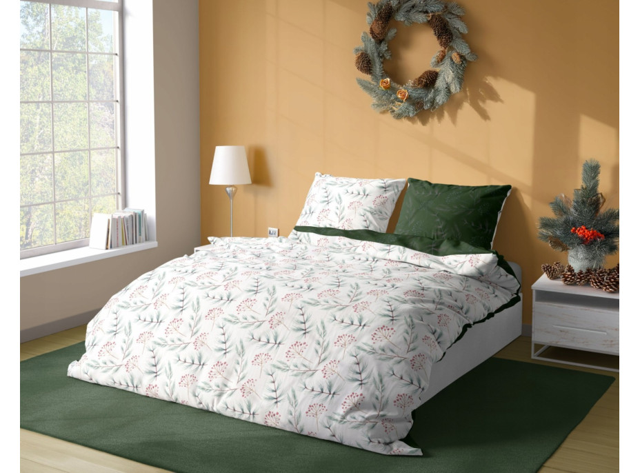 Saténové povlečení MILAGRO VERDE Zimní větvičky - bílé/zelené - 140x200 cm