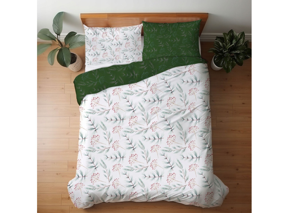 Saténové povlečení MILAGRO VERDE Zimní větvičky - bílé/zelené - 220x200 cm