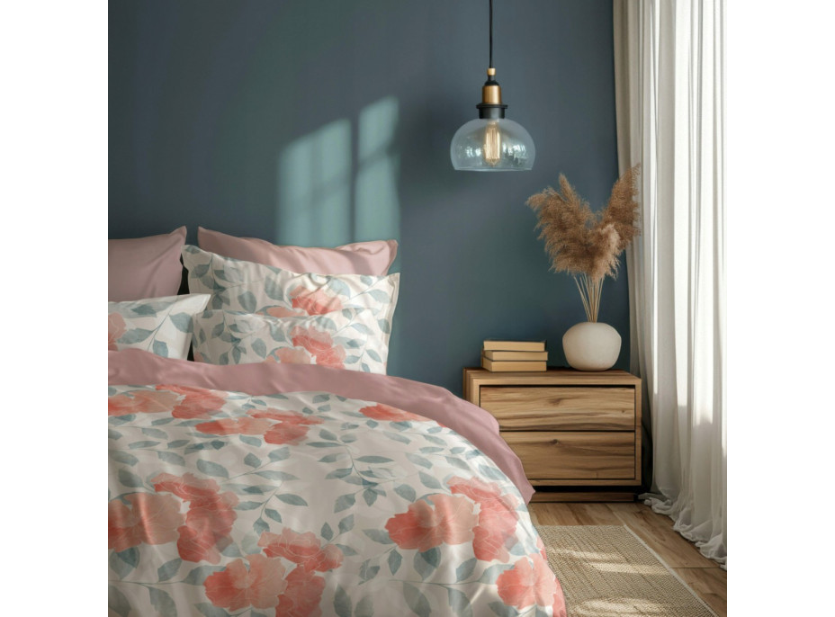 Saténové povlečení MILAGRO VERDE Růžové květy - bílé/růžové - 140x200 cm