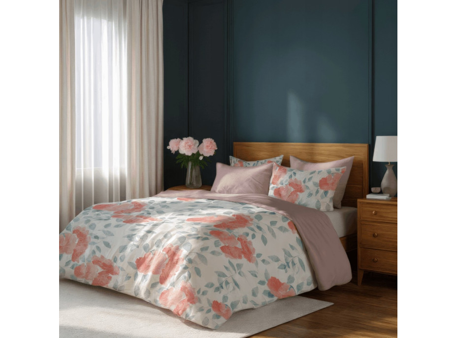 Saténové povlečení MILAGRO VERDE Růžové květy - bílé/růžové - 140x200 cm