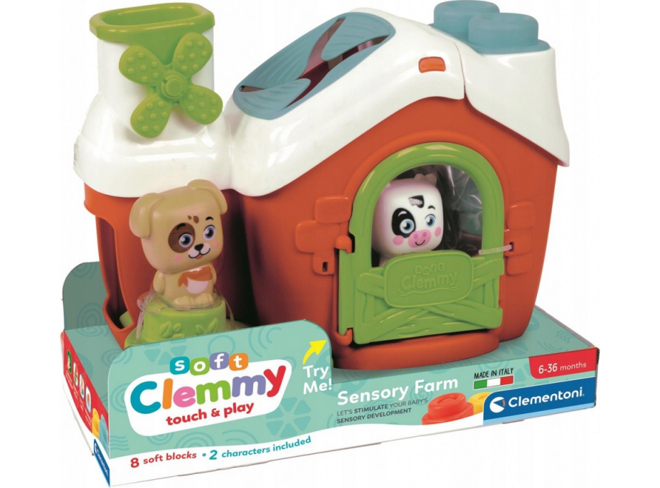 CLEMENTONI Soft Clemmy Vkládací senzorická farma s 8 kostkami