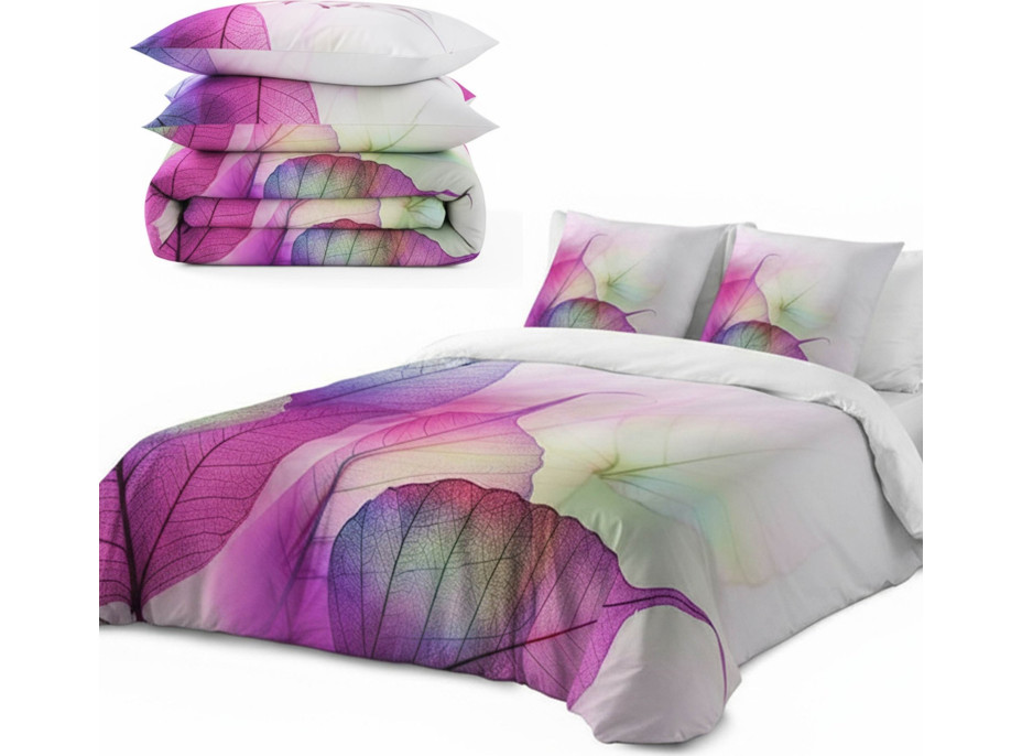 Ložní povlečení z bavlněného saténu BAREVNÉ LISTY - šedé/bílé - 160x200 cm