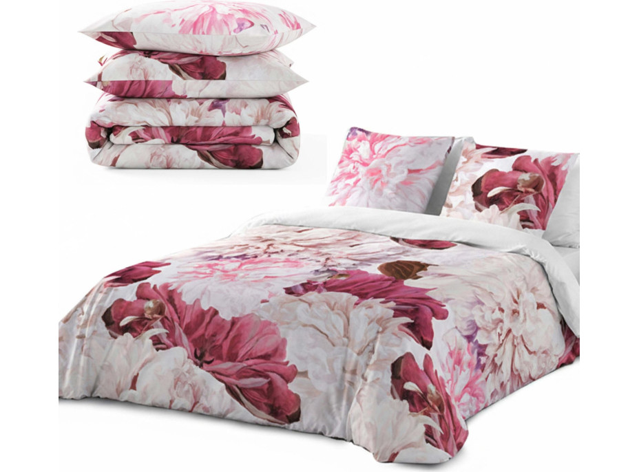 Ložní povlečení z bavlněného saténu INTENSE FLOWER - růžové/bílé - 160x200 cm