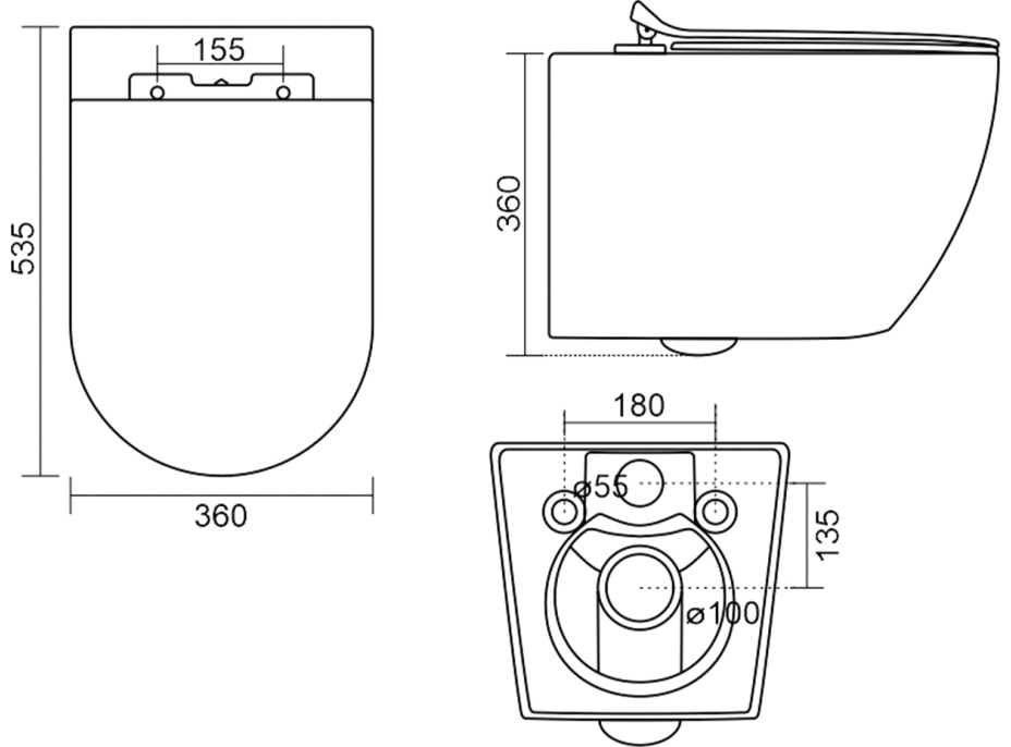 Aqualine CARLO závěsná WC mísa, Vortex Rimless, 36x53cm, bílá PRX.101.851