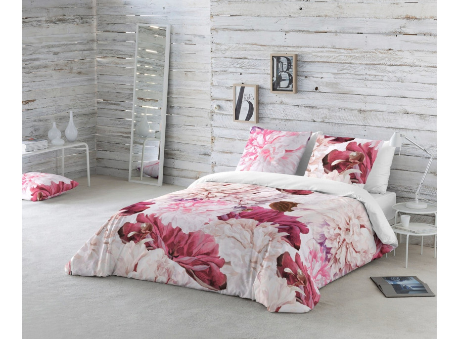 Ložní povlečení z bavlněného saténu INTENSE FLOWER - růžové/bílé - 160x200 cm
