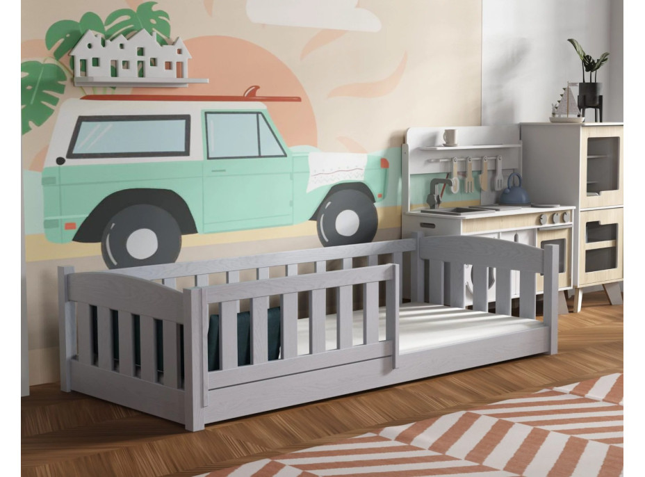 Dětská Montessori postel z masivu borovice BEN - 200x90 cm - ŠEDÁ