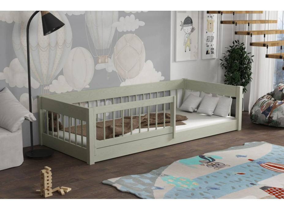Dětská Montessori postel z masivu borovice LITTLE LUNARI - 200x90 cm - OLIVOVĚ ZELENÁ