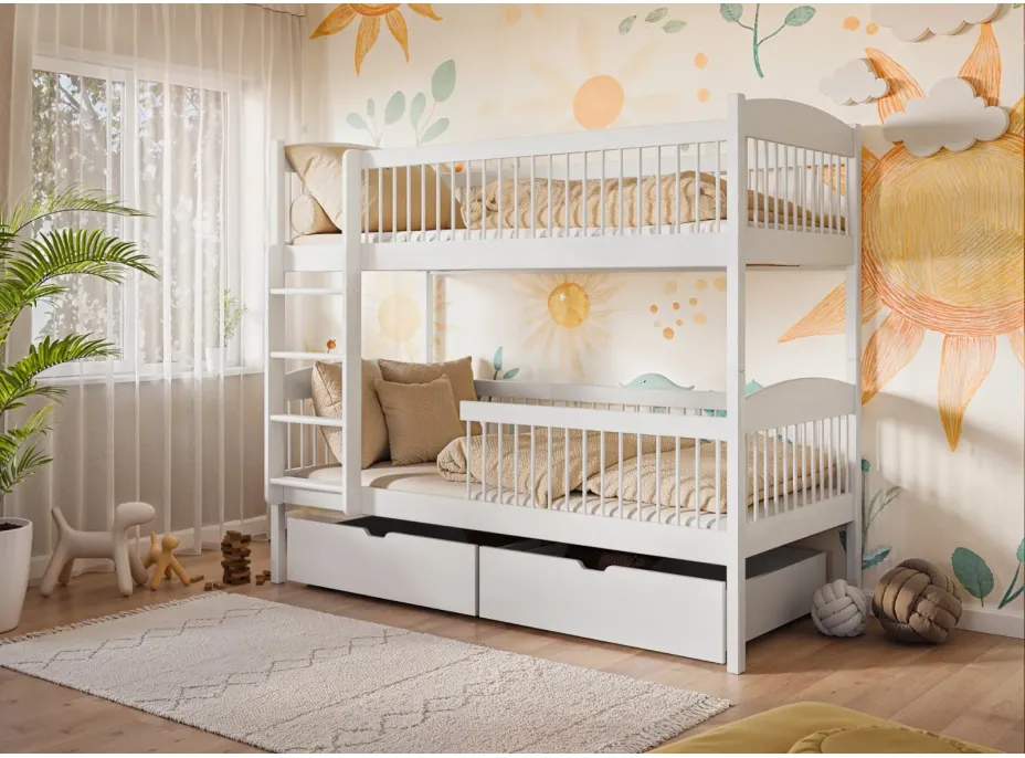 Dětská patrová postel z masivu se šuplíky ILONA - 200x90 cm - BÍLÁ