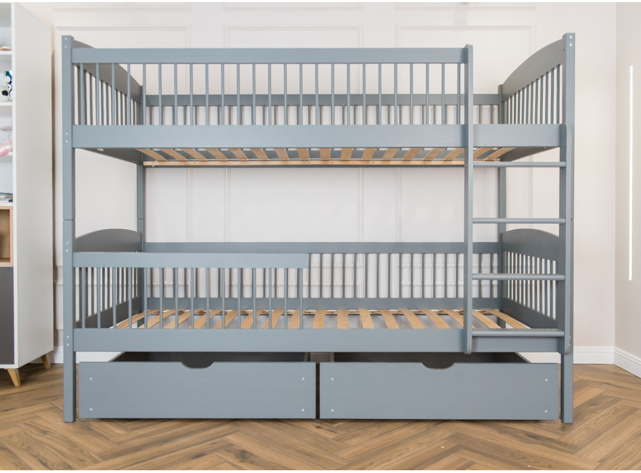 Dětská patrová postel z masivu se šuplíky ILONA - 200x90 cm - ŠEDÁ