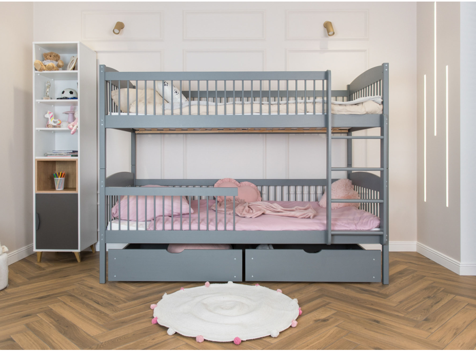 Dětská patrová postel z masivu se šuplíky ILONA - 200x90 cm - ŠEDÁ