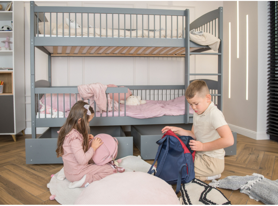 Dětská patrová postel z masivu se šuplíky ILONA - 200x90 cm - ŠEDÁ