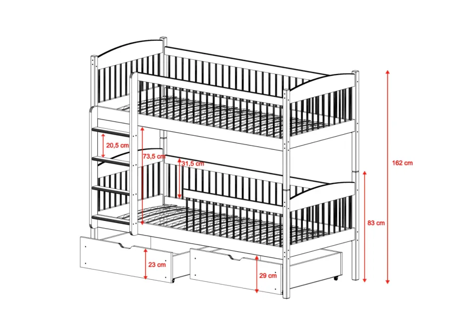 Dětská patrová postel z masivu se šuplíky ILONA - 200x90 cm - KAŠMÍROVÁ