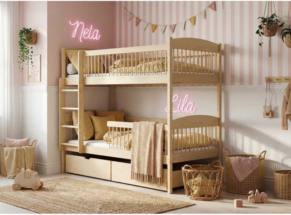 Dětská patrová postel z masivu se šuplíky ILONA - 200x90 cm - PŘÍRODNÍ BOROVICE