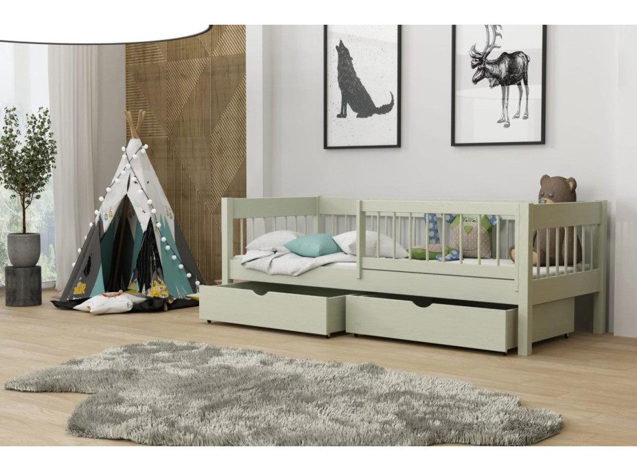 Dětská postel z masivu borovice LUNARI se šuplíky - 200x90 cm - OLIVOVĚ ZELENÁ