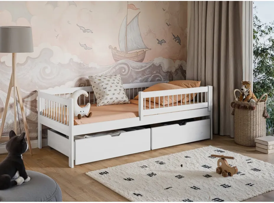 Dětská postel z masivu EDI se šuplíky - 200x90 cm - BÍLÁ