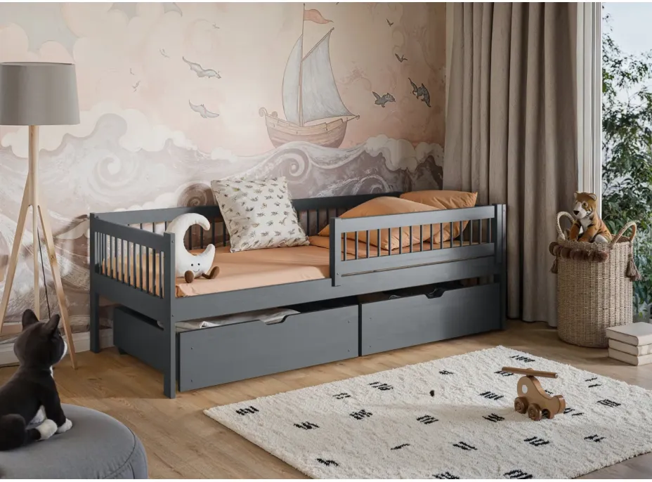 Dětská postel z masivu EDI se šuplíky - 200x90 cm - GRAFITOVÁ