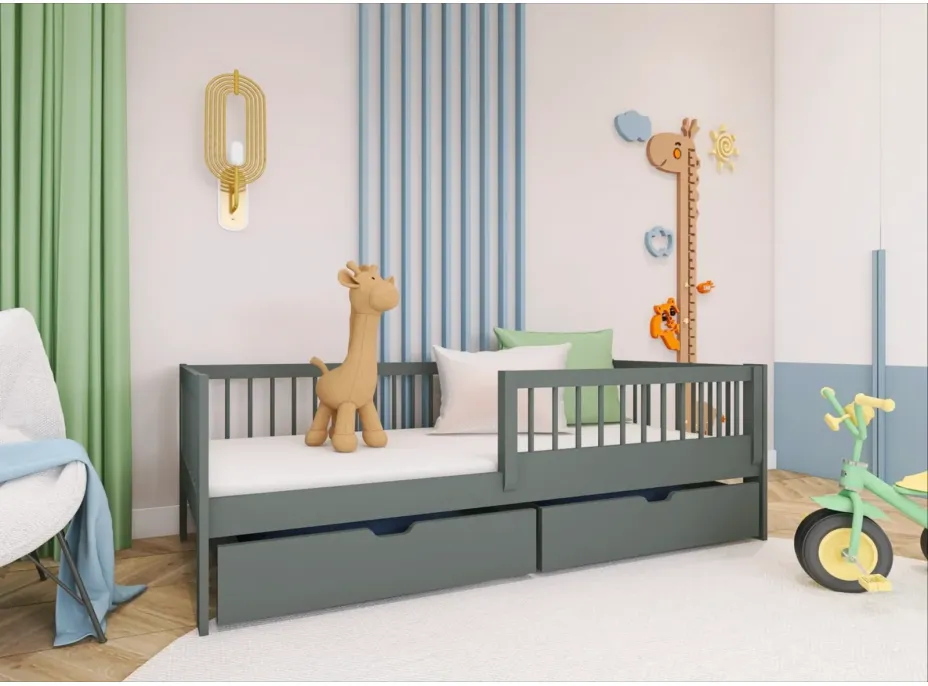 Dětská postel z masivu EDI se šuplíky - 200x90 cm - GRAFITOVÁ