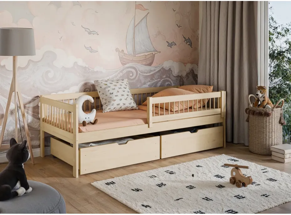 Dětská postel z masivu EDI se šuplíky - 200x90 cm - PŘÍRODNÍ BOROVICE