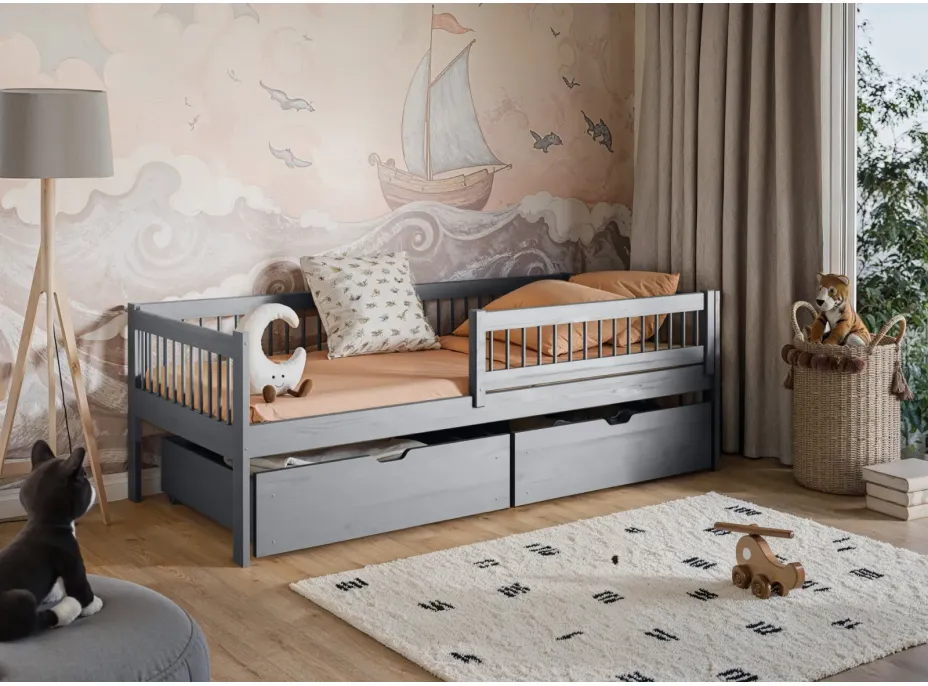 Dětská postel z masivu EDI se šuplíky - 200x90 cm - ŠEDÁ