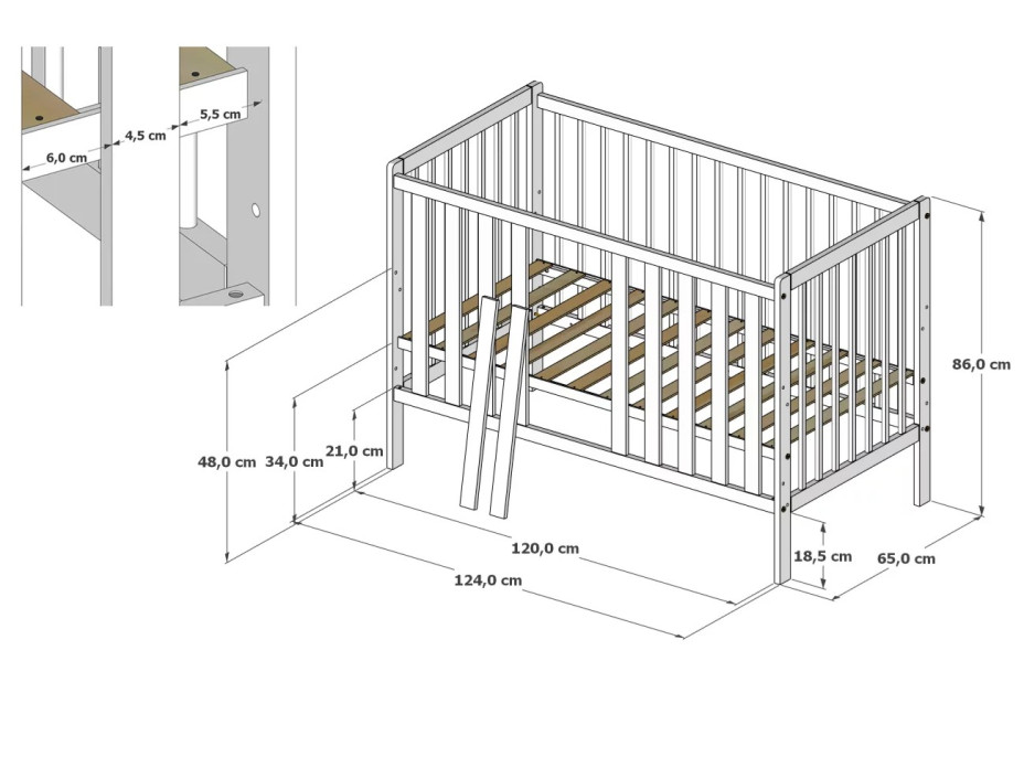 Dětská postýlka se šuplíkem LITTLE BAMBI 120x60 cm - BÍLÁ