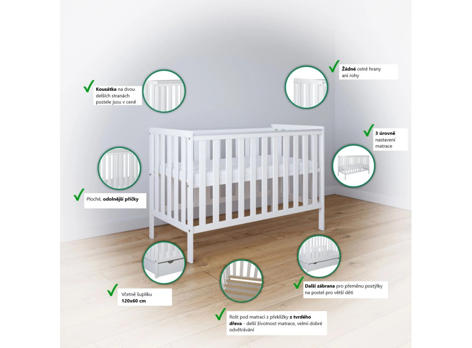 Dětská postýlka se šuplíkem LITTLE BAMBI 120x60 cm - BÍLÁ