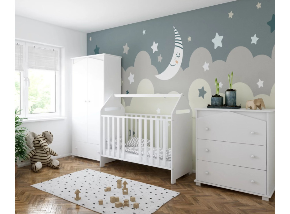 Dětská postýlka se šuplíkem LITTLE HOUSE 120x60 cm - BÍLÁ