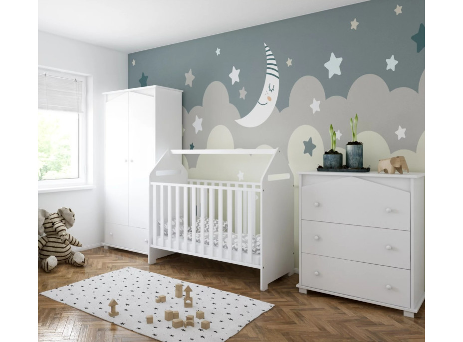 Dětská postýlka se šuplíkem LITTLE HOUSE 120x60 cm - BÍLÁ