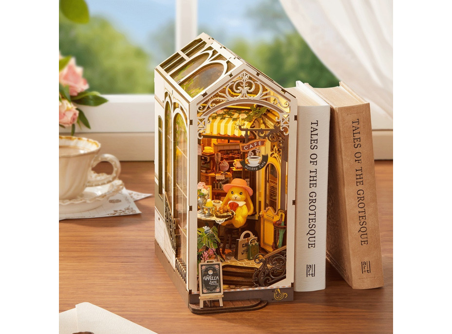 RoboTime 3D skládačka Zarážka na knihy Miniatura domečku Prázdninová kavárna