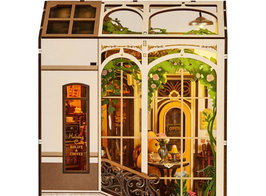 RoboTime 3D skládačka Zarážka na knihy Miniatura domečku Prázdninová kavárna