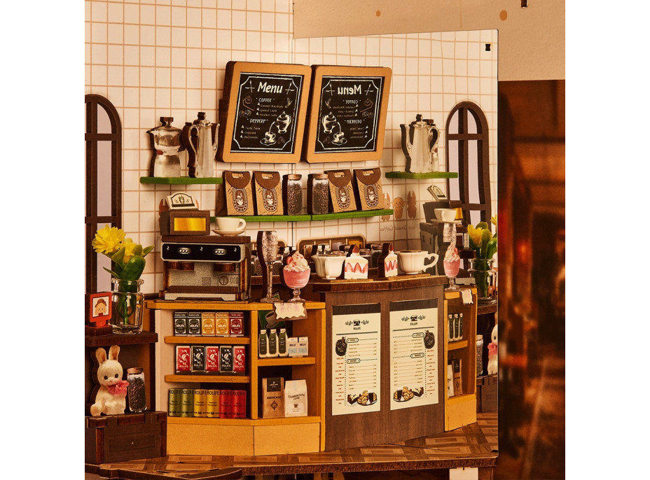 RoboTime 3D skládačka Zarážka na knihy Miniatura domečku Prázdninová kavárna