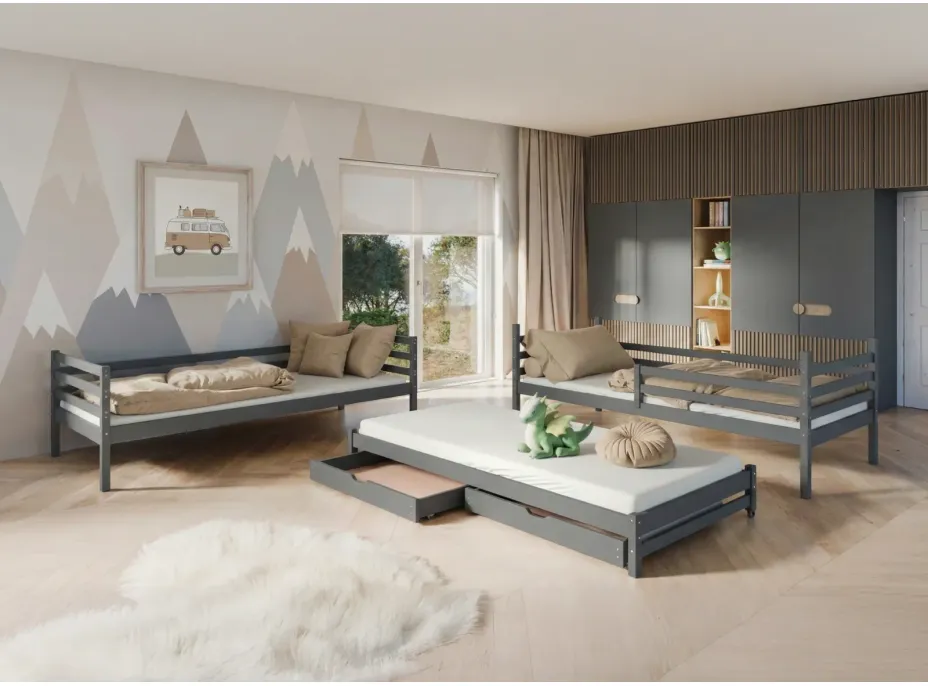 Dětská patrová postel z masivu borovice LUKÁŠ s přistýlkou a šuplíky - 200x90 cm - GRAFITOVÁ