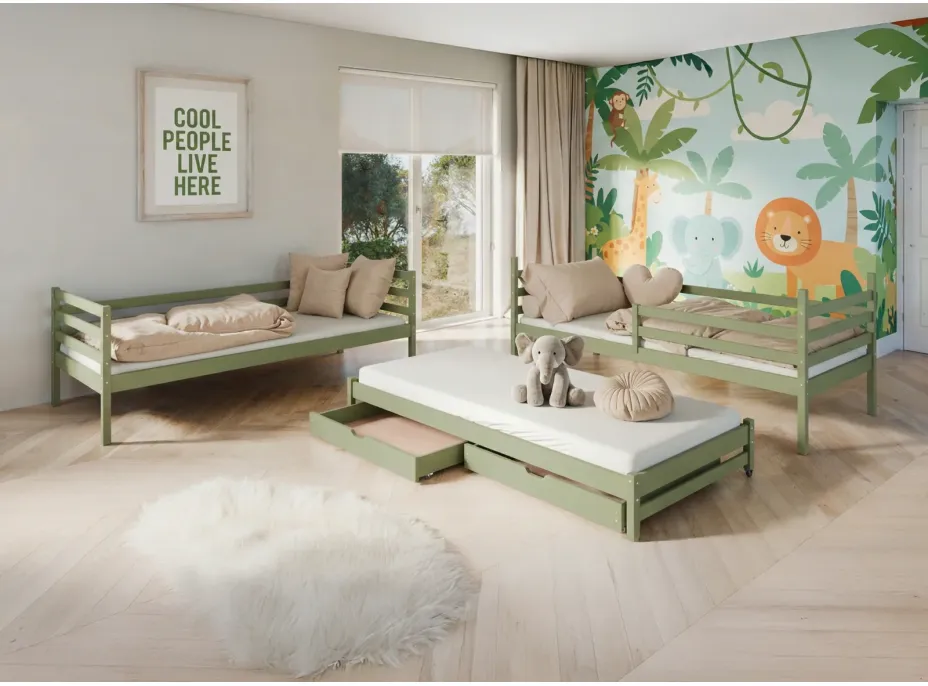 Dětská patrová postel z masivu borovice LUKÁŠ s přistýlkou a šuplíky - 200x90 cm - OLIVOVĚ ZELENÁ