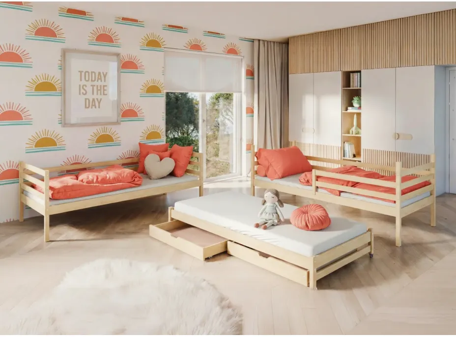 Dětská patrová postel z masivu borovice LUKÁŠ s přistýlkou a šuplíky - 200x90 cm - PŘÍRODNÍ BOROVICE