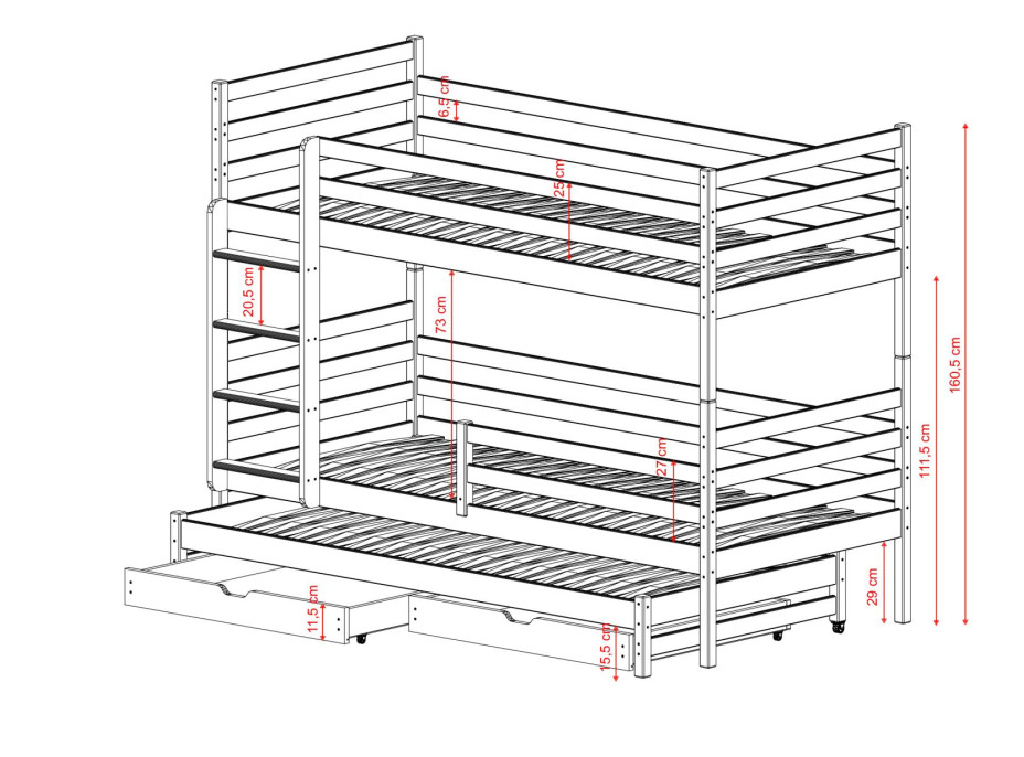 Dětská patrová postel z masivu borovice LUKÁŠ s přistýlkou a šuplíky - 200x90 cm - PŘÍRODNÍ BOROVICE