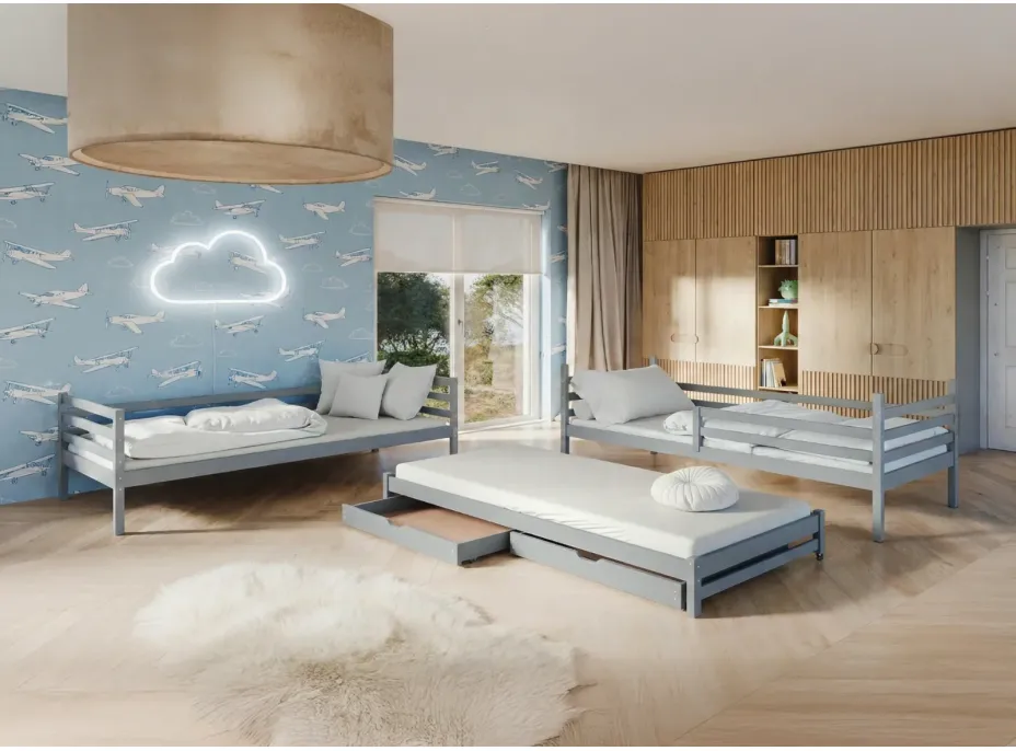 Dětská patrová postel z masivu borovice LUKÁŠ s přistýlkou a šuplíky - 200x90 cm - ŠEDÁ