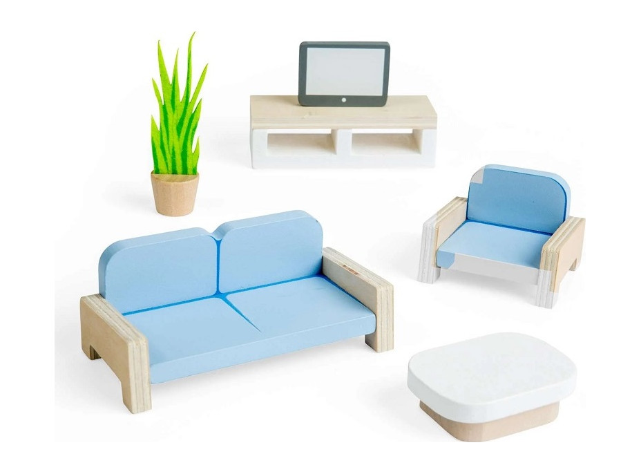 Bigjigs Toys Dřevěný nábytek do domečku pro panenky Obývací pokoj