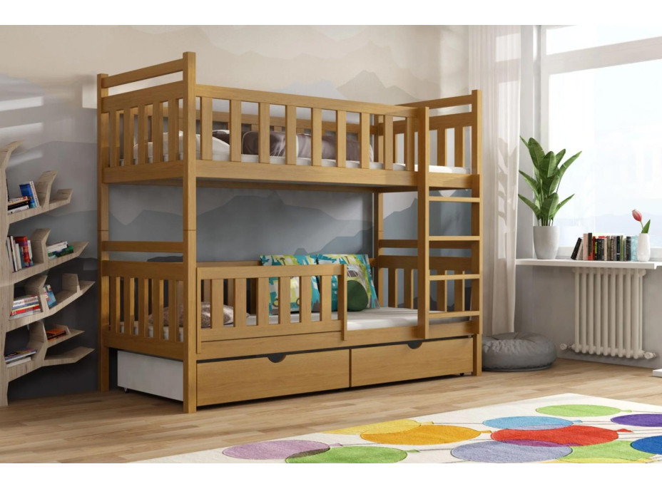 Dětská patrová postel z masivu borovice KAREL se šuplíky - 200x90 cm