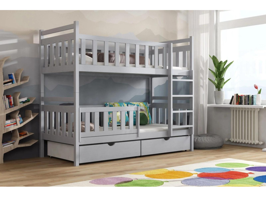 Dětská patrová postel z masivu borovice KAREL se šuplíky - 200x90 cm - ŠEDÁ