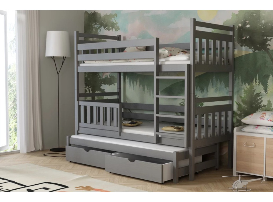 Dětská patrová postel z masivu borovice PETR s přistýlkou a šuplíky - 200x90 cm