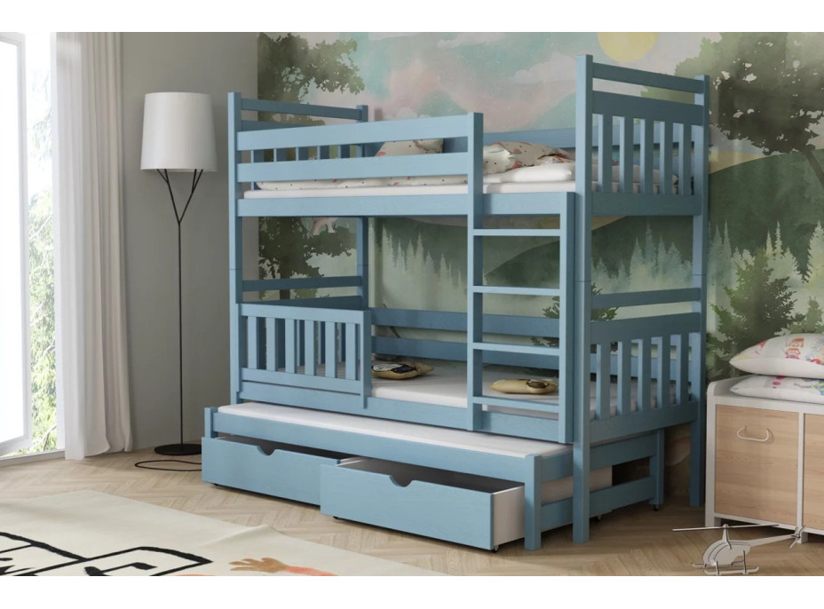 Dětská patrová postel z masivu borovice PETR s přistýlkou a šuplíky - 200x90 cm