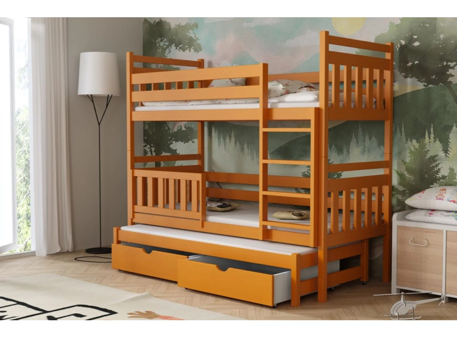 Dětská patrová postel z masivu borovice PETR s přistýlkou a šuplíky - 200x90 cm