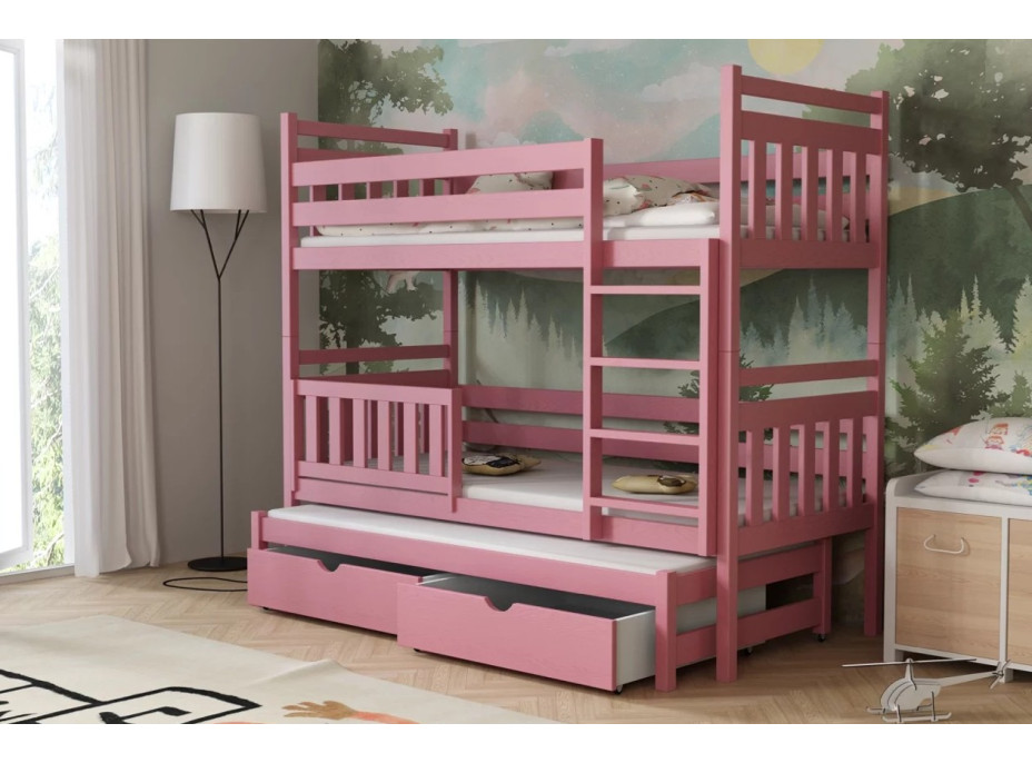 Dětská patrová postel z masivu borovice PETR s přistýlkou a šuplíky - 200x90 cm