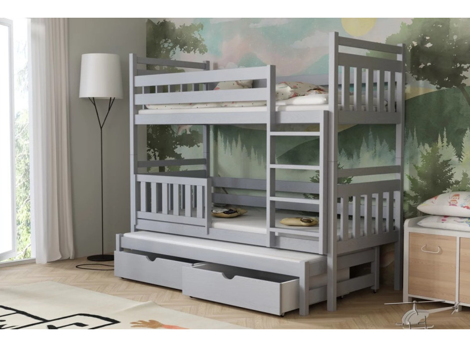 Dětská patrová postel z masivu borovice PETR s přistýlkou a šuplíky - 200x90 cm
