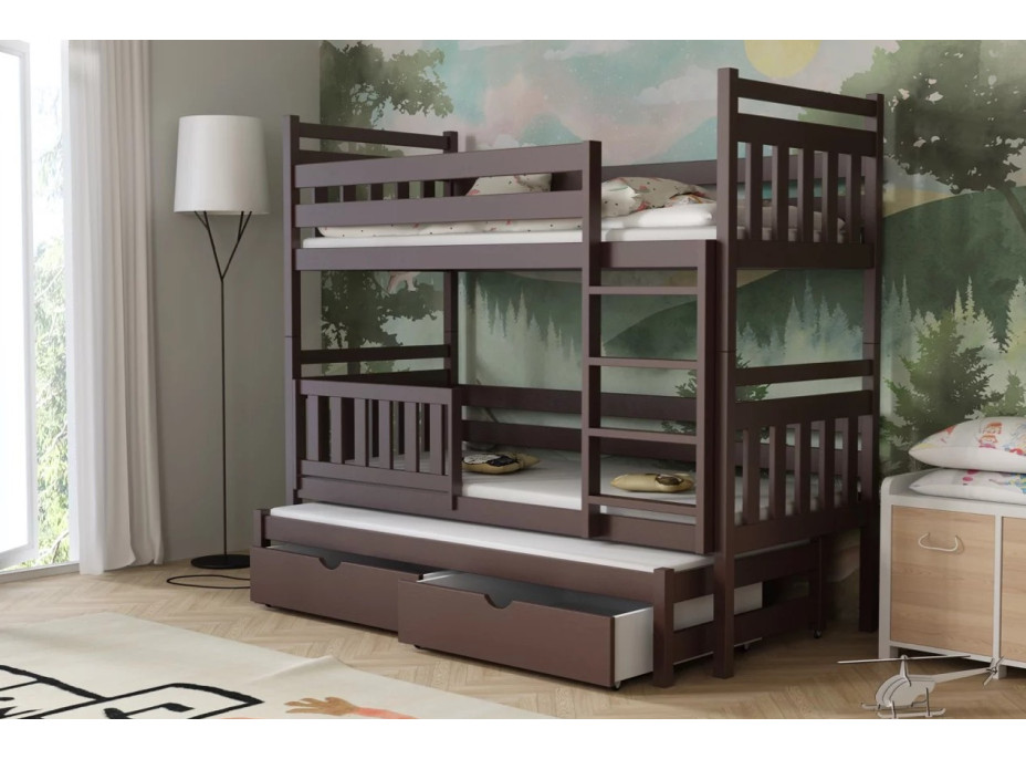Dětská patrová postel z masivu borovice PETR s přistýlkou a šuplíky - 200x90 cm