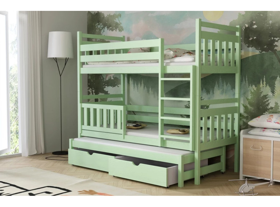 Dětská patrová postel z masivu borovice PETR s přistýlkou a šuplíky - 200x90 cm