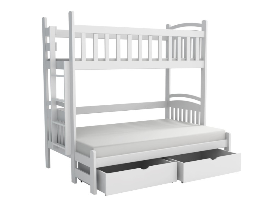 Dětská patrová postel z masivu borovice s rozšířeným spodním lůžkem LUKÁŠ se šuplíky 200x90/140 cm - BÍLÁ, žebřík vpravo