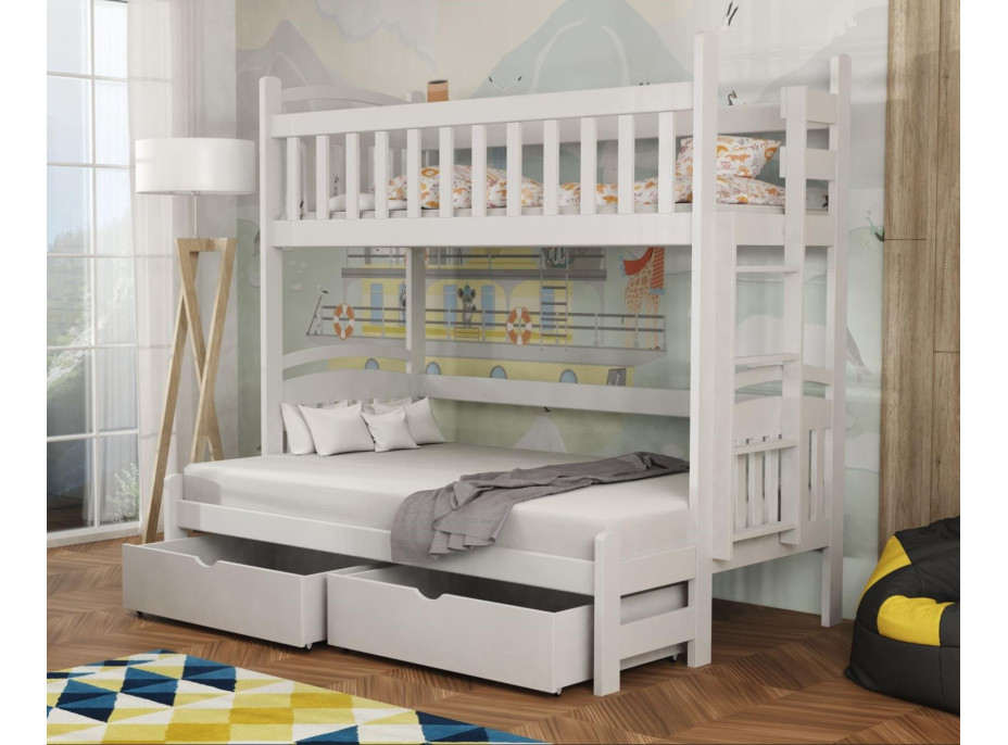 Dětská patrová postel z masivu borovice s rozšířeným spodním lůžkem LUKÁŠ se šuplíky 200x90/140 cm - BÍLÁ, žebřík vpravo
