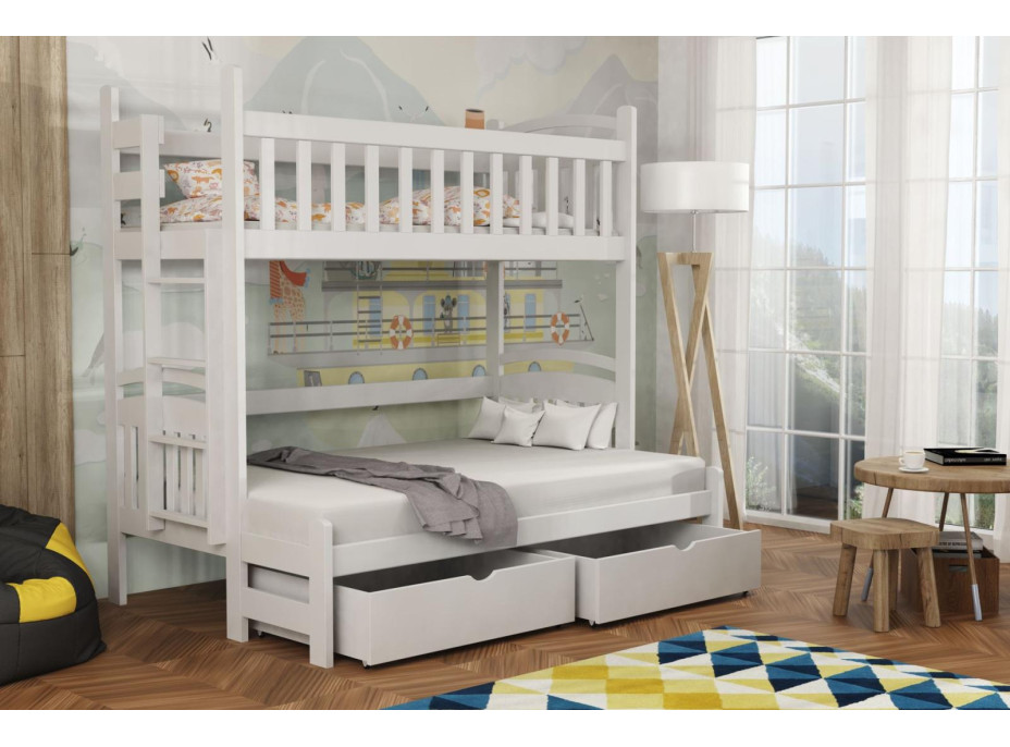 Dětská patrová postel z masivu borovice s rozšířeným spodním lůžkem LUKÁŠ se šuplíky 200x90/140 cm - BÍLÁ, žebřík vpravo