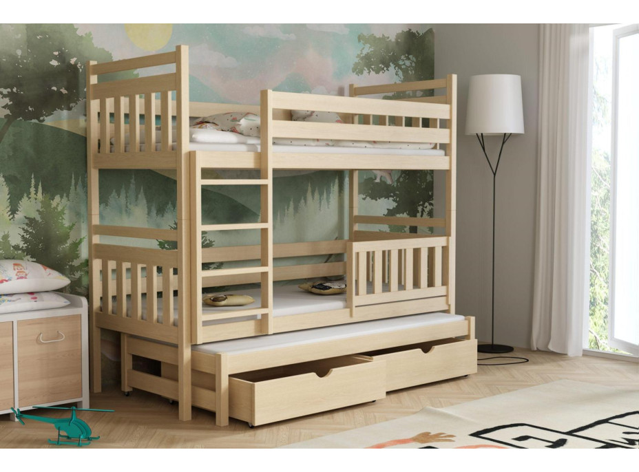 Dětská patrová postel z masivu borovice PETR s přistýlkou a šuplíky - 200x90 cm